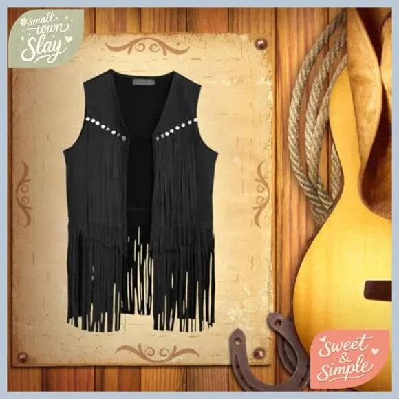 Large Faux Suede Fringe Vest 60s 70s Hippie Western Tassel Sleeveless - Picture 3 of 6